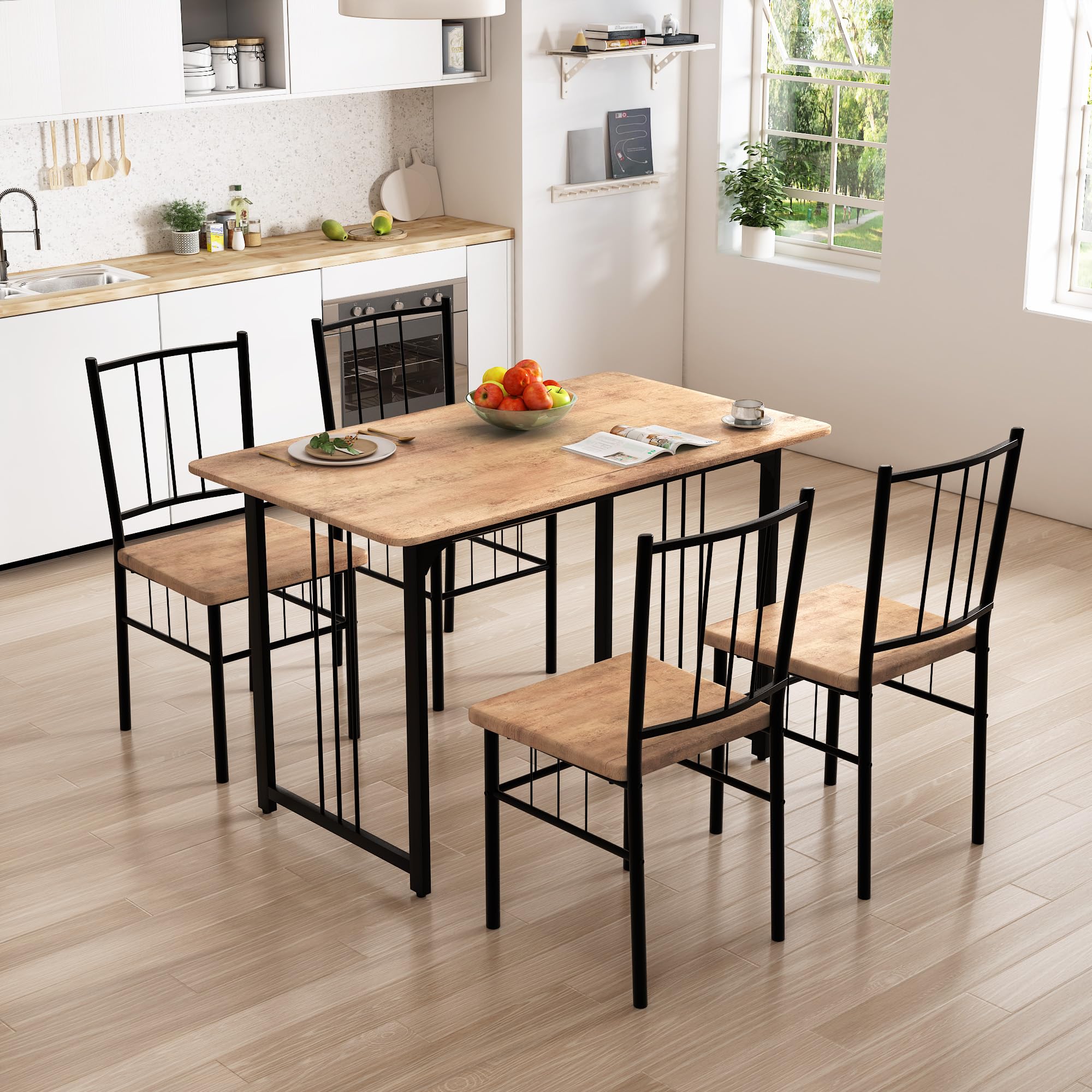 Dining Table Set for 4, 47.2-Inch Wood Kitchen Table Set,Rustic Brown 5 Piece Dining Table Set for Kitchen Dining Room CA | LEUKHOUSE