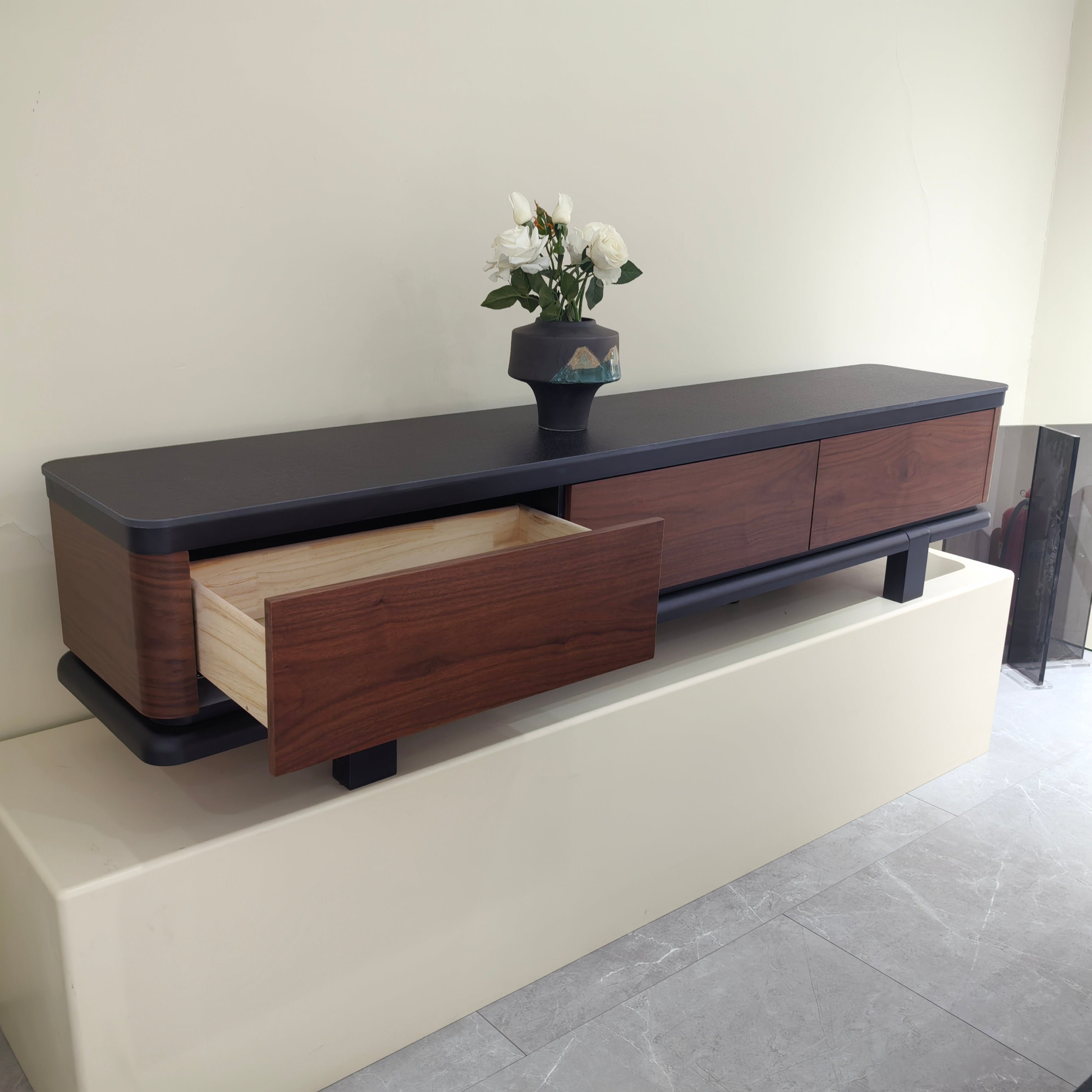 TV Stand Sintered Stone Baking Paint Wood Veneer LKL042TSAYG | LEUKHOME