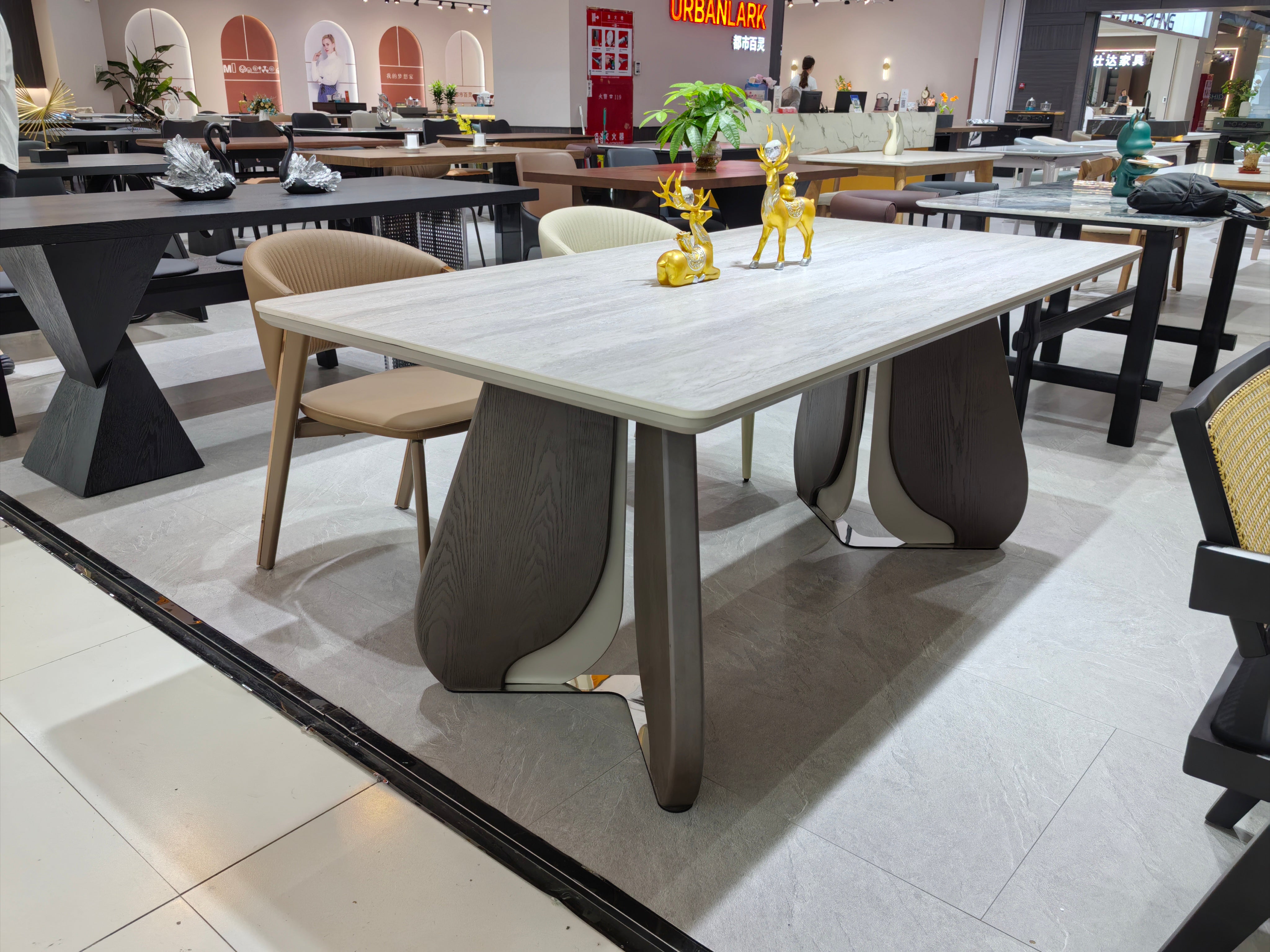 Dining Table Sintered Stone Wood Veneer Stainless Steel LKD085DTDSBL | LEUKHOME