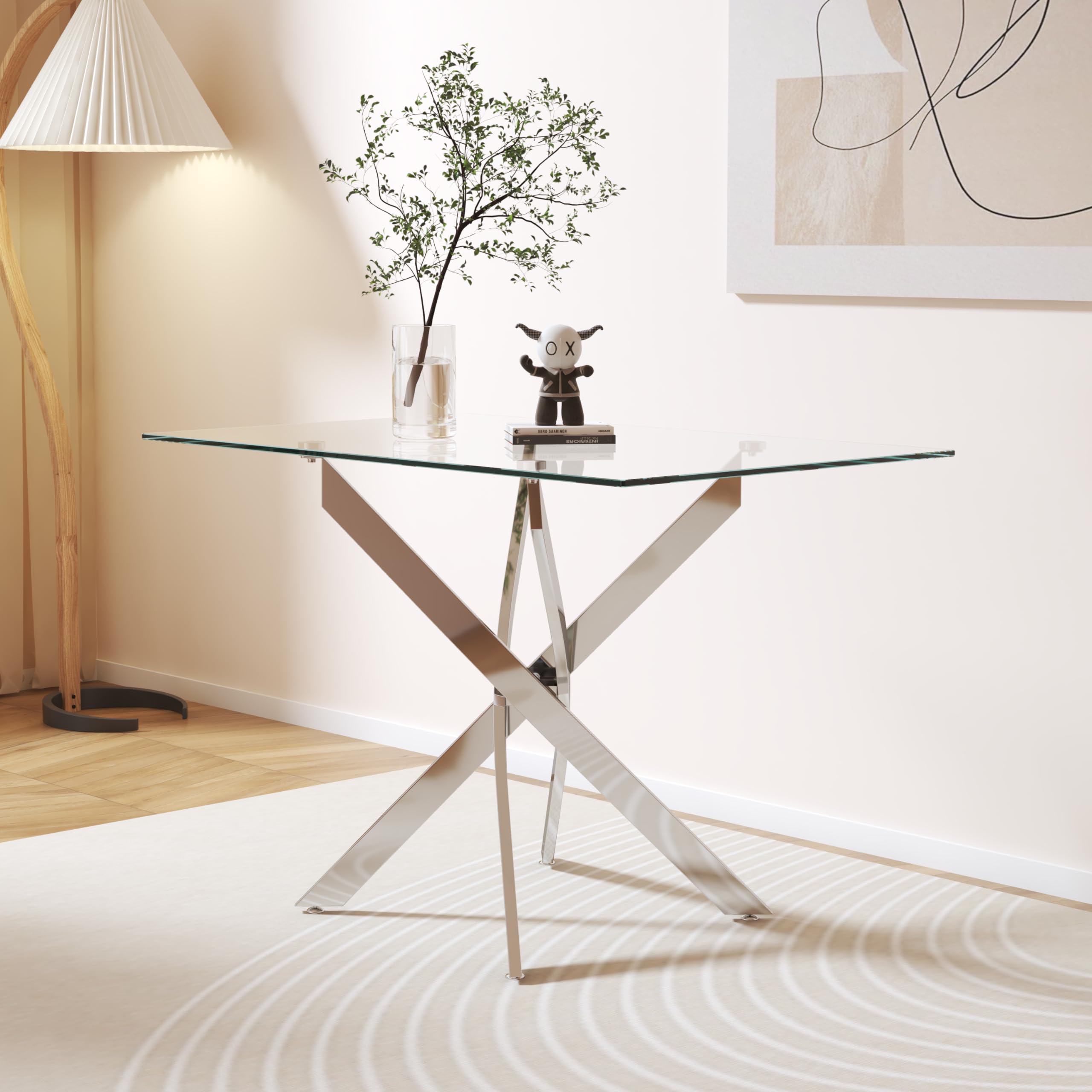 Glas Esstisch Küchentisch Glastisch Silberne Metalltischbeine Moderner Stil Quadratischen Tisch für Büro Küche 110cm DE | LEUKHOUSE