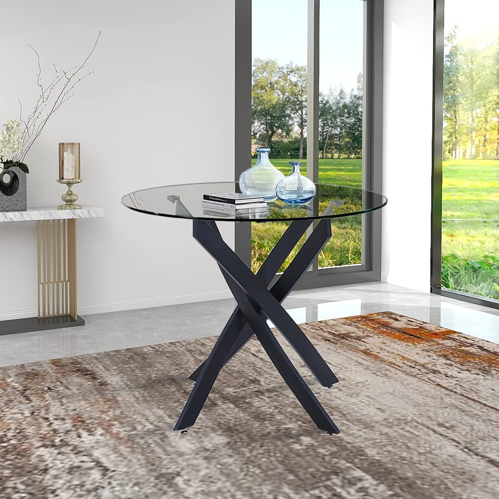 Esstisch Rund Glas Moderner Küchentisch Design Glastisch Esszimmertische für Esszimmer Wohnzimmer 4-6 Personen, 90cm, Schwarz DE | LEUKHOUSE