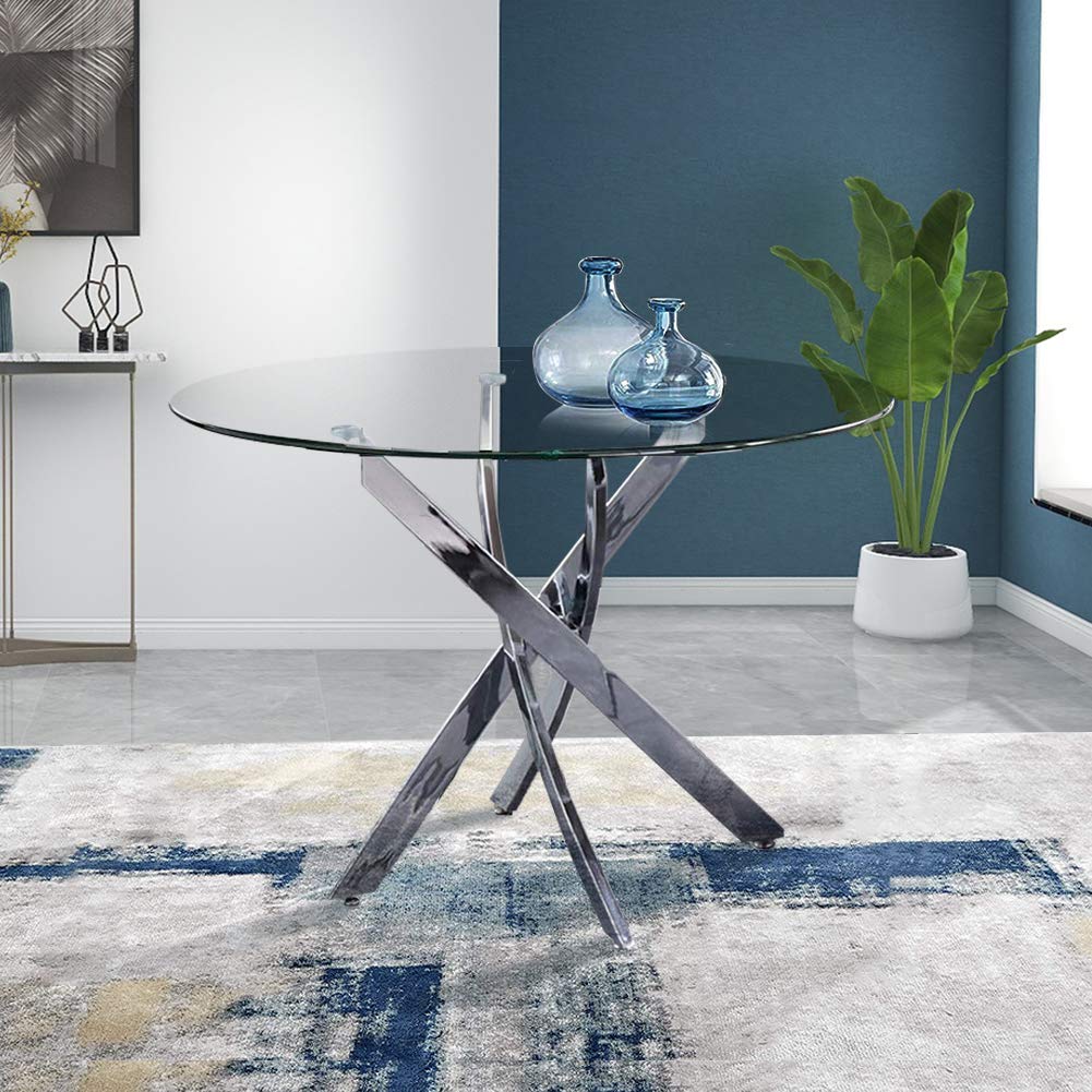Esstisch Rund Glas Moderner Küchentisch Runder Glastisch Esszimmertische für Esszimmer Wohnzimmer Küche, 90 cm, Silber DE | LEUKHOUSE