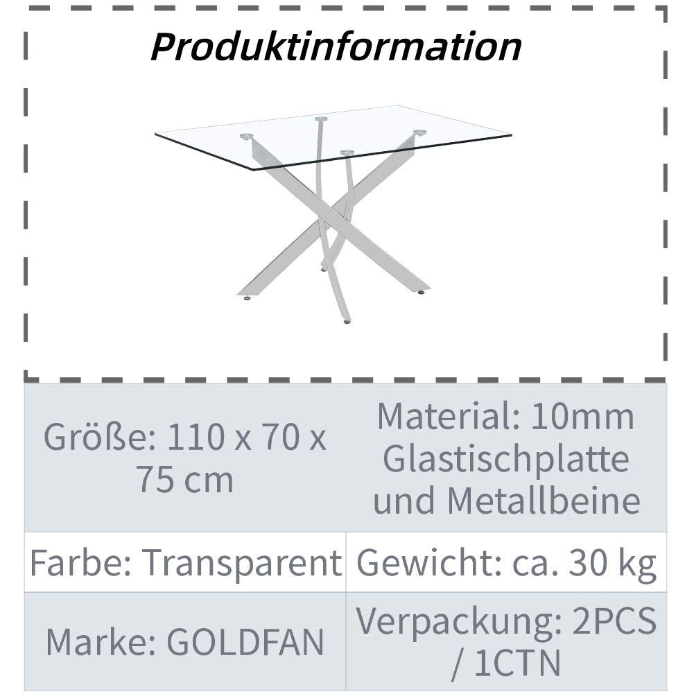 Glas Esstisch Küchentisch Glastisch Silberne Metalltischbeine Moderner Stil Quadratischen Tisch für Büro Küche 110cm DE | LEUKHOUSE