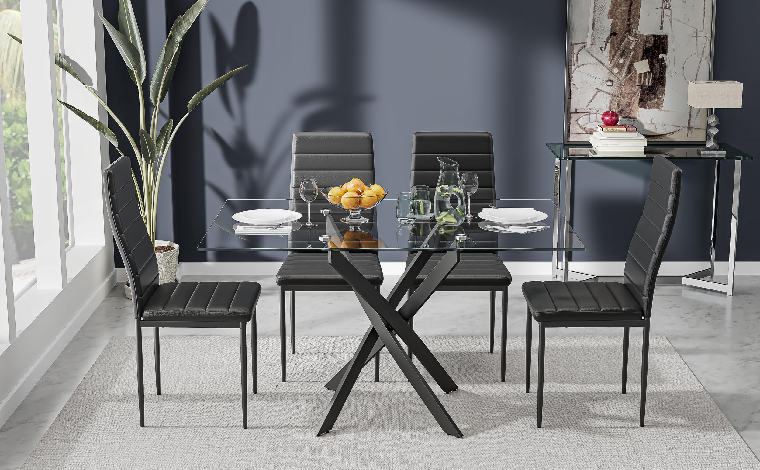 Glass Dining Table,47 Inches Modern Rectangular Kitchen Table with Black Metal Legs for Dining Room&Living Room CA | LEUKHOUSE