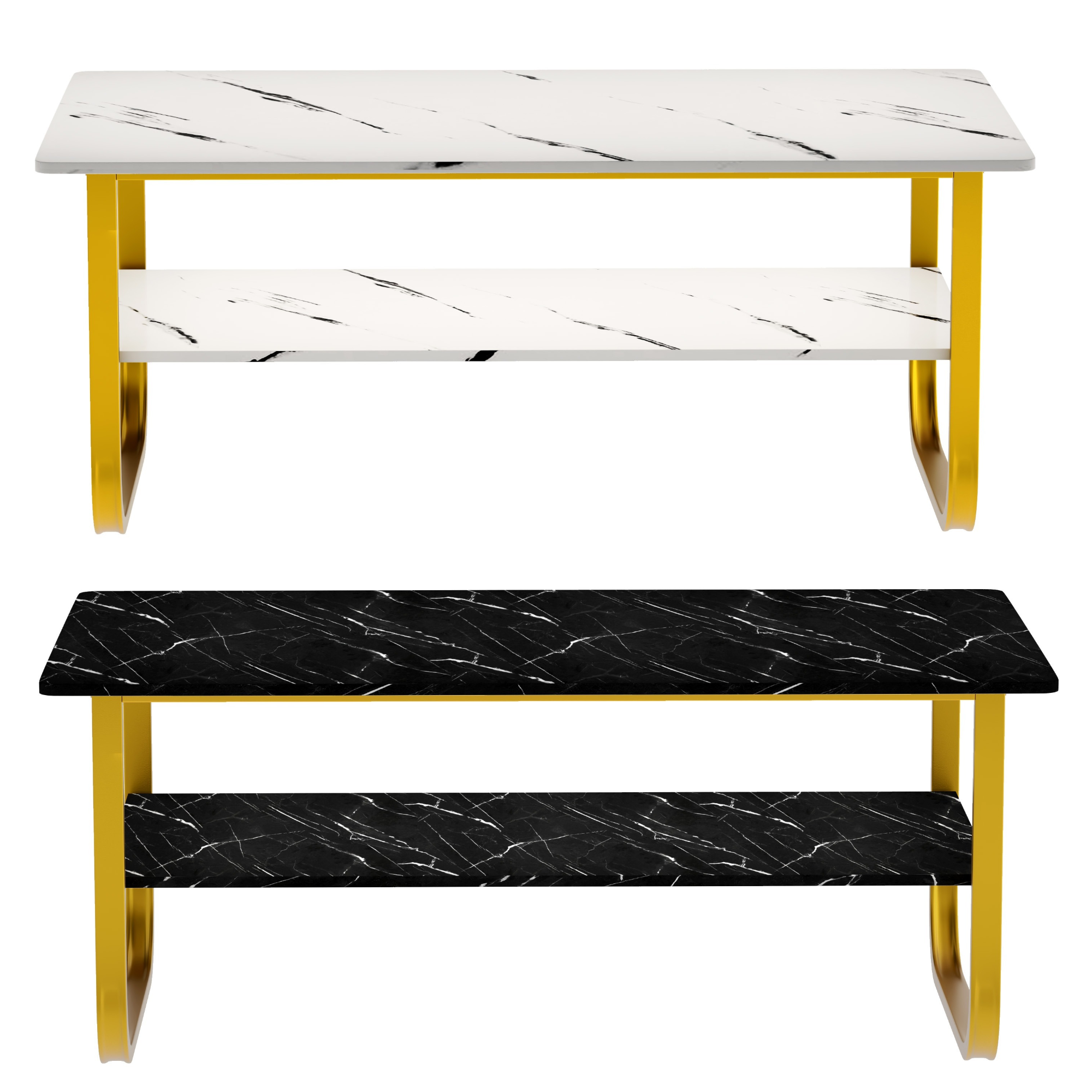 Table Basse Marbre à 2 Niveaux Rectangulaire, Table Centrale de Salon en Bois avec Rangement Moderne et Pieds Doré Le Salon Chambre Bureau, 100 x 60 cm (Noire) AWS2292FR | LEUKHOUSE