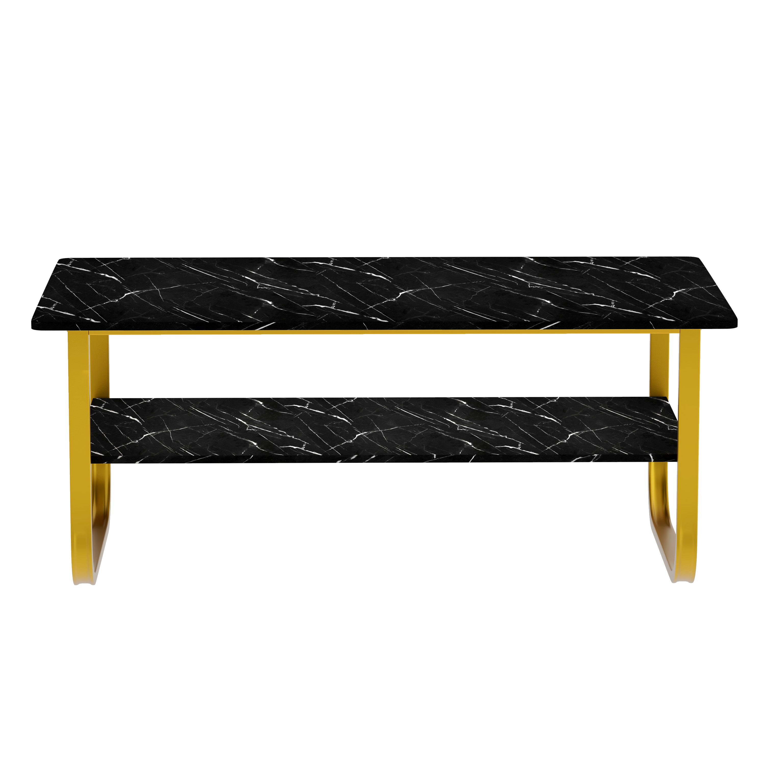 Table Basse Marbre à 2 Niveaux Rectangulaire, Table Centrale de Salon en Bois avec Rangement Moderne et Pieds Doré Le Salon Chambre Bureau, 100 x 60 cm (Noire) AWS2292FR | LEUKHOUSE