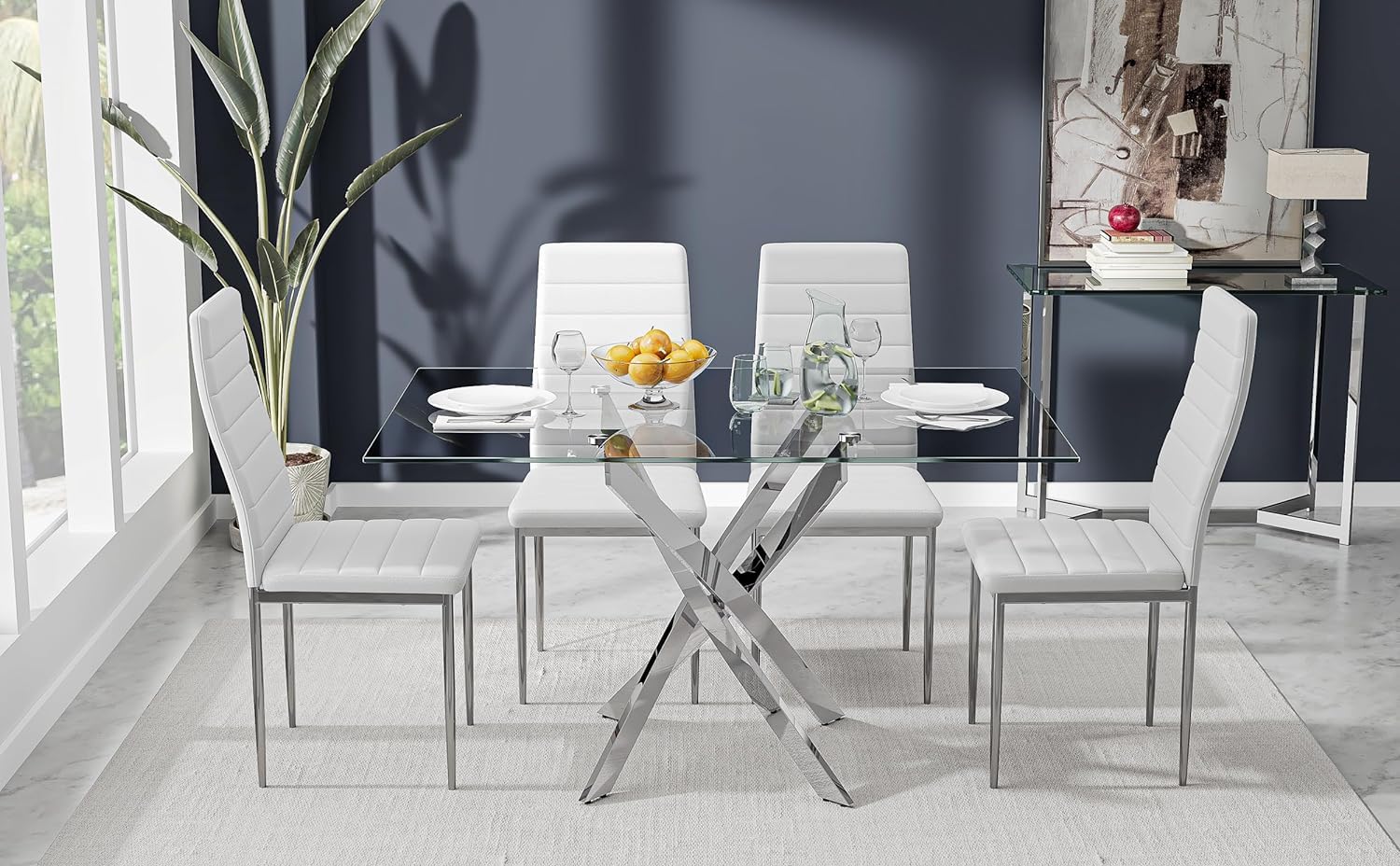 Glass Dining Table with Chromed Legs,47 inches Modern Rectangular Kitchen Table for Dining Kitchen Room CA| LEUKHOUSE