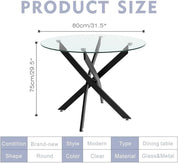 Table à Manger en Verre Table Ronde Salle à Manger avec Pieds en Métal de Cuisine 80 cm, Noir AWS0226FR | LEUKHOUSE