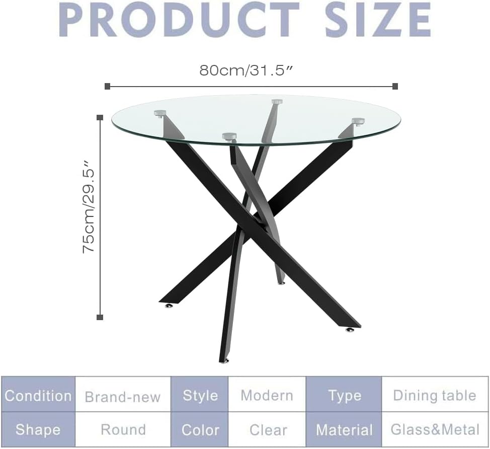 Table à Manger en Verre Table Ronde Salle à Manger avec Pieds en Métal de Cuisine 80 cm, Noir AWS0226FR | LEUKHOUSE