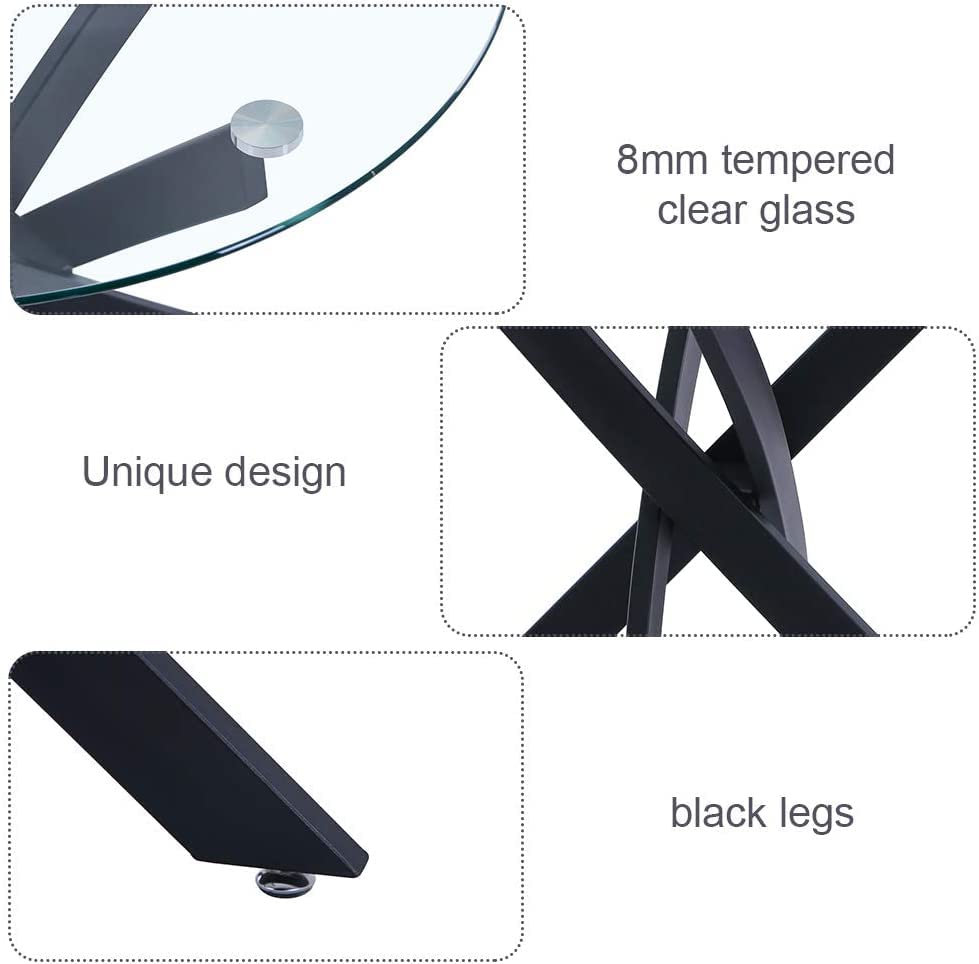35.5 Inch Round Tempered Glass Dining Table for 2-4 with Chromed Legs (Black) US | LEUKHOUSE