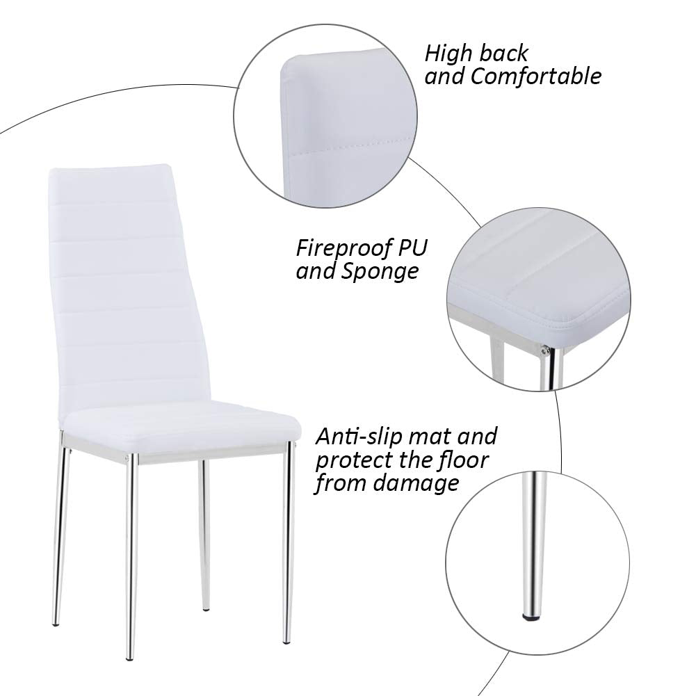 Round Glass Dining Table Set for 4,5 Piece Kitchen Table and PU Leather Chairs with Chromed Legs, 35.5 Inches Dining Table Set, White CA | LEUKHOUSE