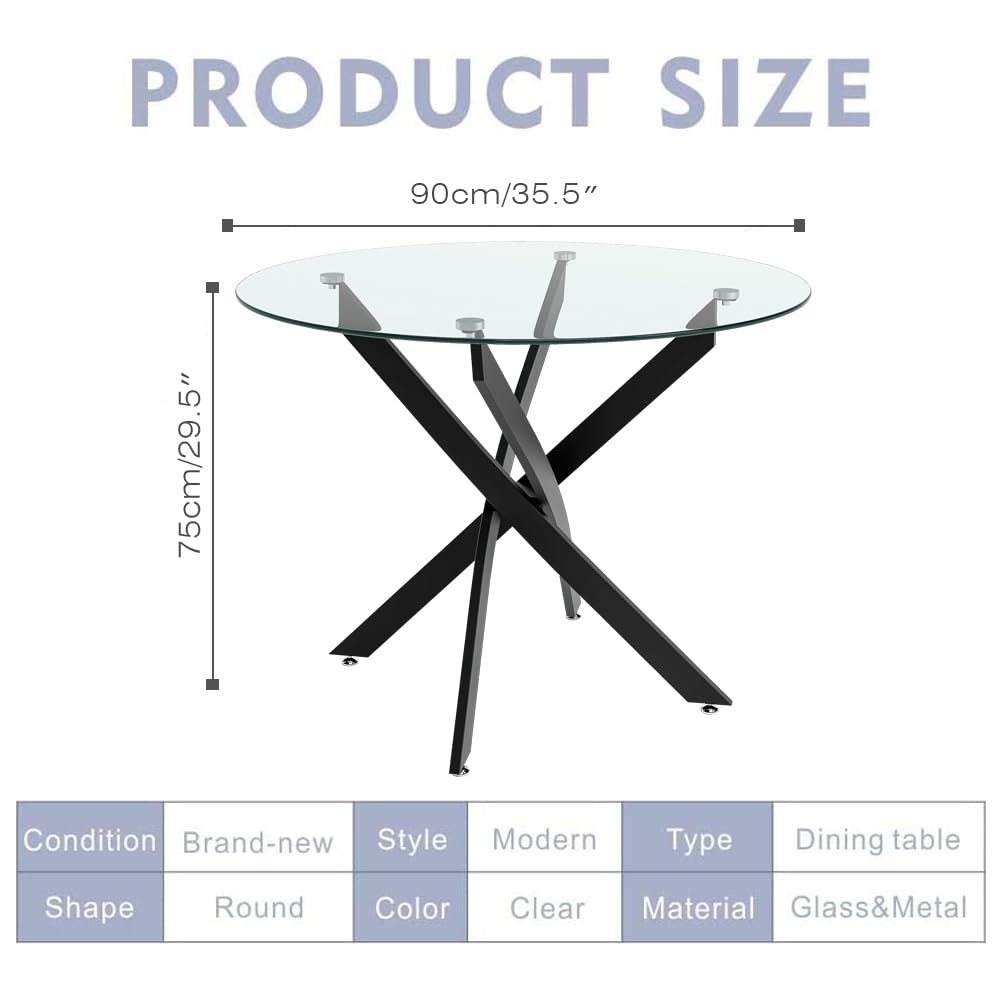 35.5 Inch Round Tempered Glass Dining Table for 2-4 with Chromed Legs (Black) US | LEUKHOUSE