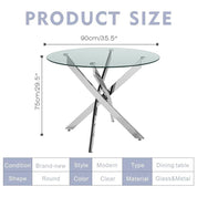 Round Glass Dining Table Set for 4,5 Piece Kitchen Table and PU Leather Chairs with Chromed Legs, 35.5 Inches Dining Table Set, White CA | LEUKHOUSE