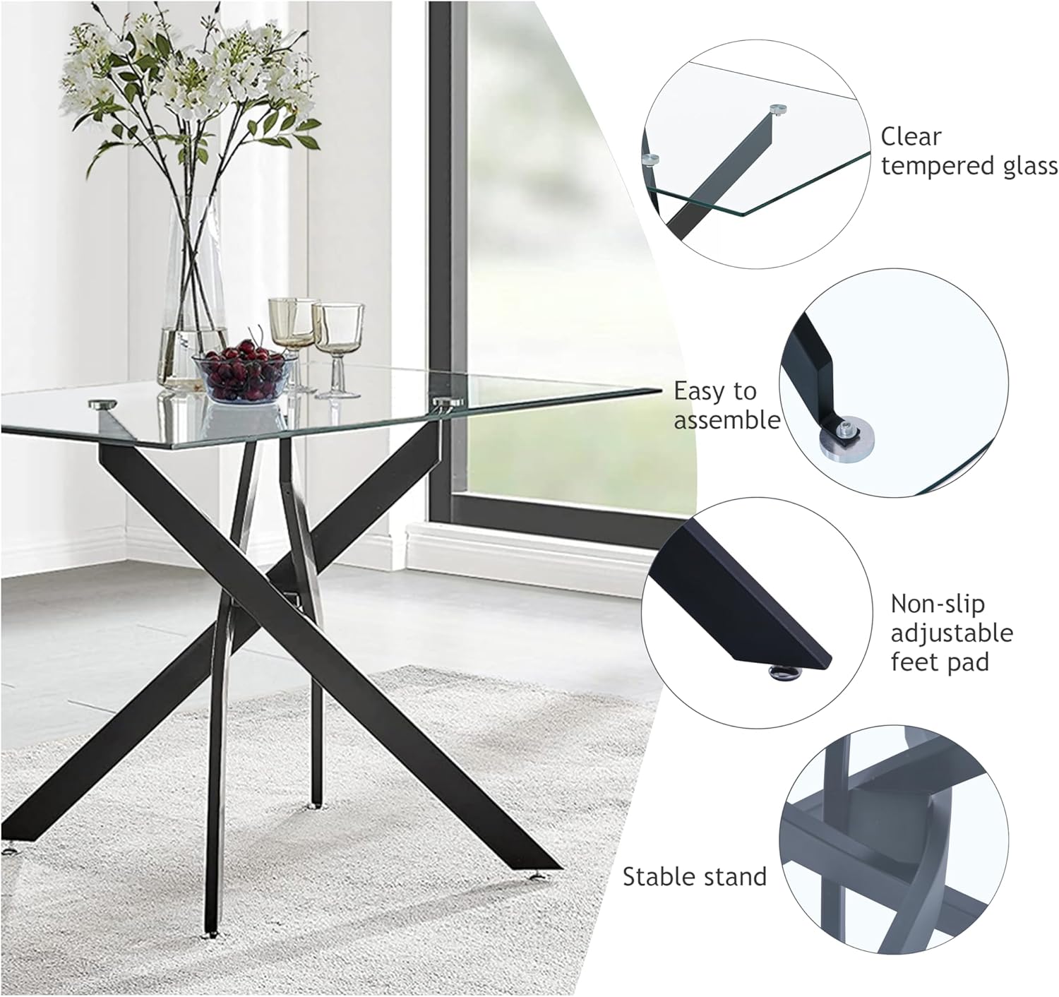 Glass Dining Table,47.2'' Rectangular Kitchen Table with Black Metal Legs, Modern Style Dining Table for Home Kitchen,Dining Room CA | LEUKHOUSE