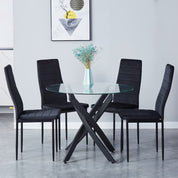 Round Tempered Glass Dining Table Set for 4 with 4 Upholstered Chairs (Black Table with Black Chairs) US | LEUKHOUSE