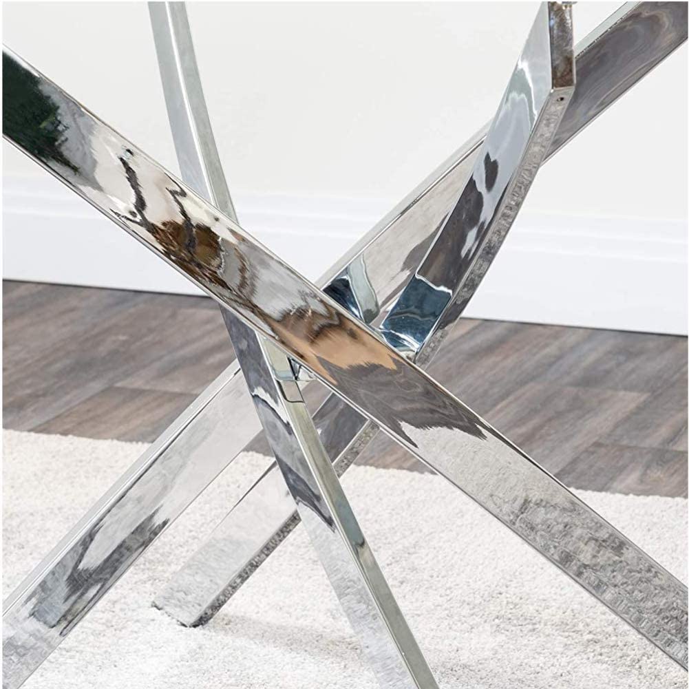 Round Tempered Glass Dining Table Set for 4 with 4 Upholstered Chairs (Sliver Table with White Chairs) US | LEUKHOUSE