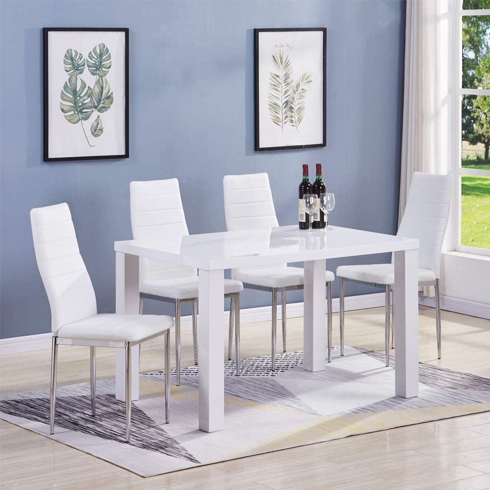 High Back White Dining Chairs Set of 4 with Silver Chromed Legs US | LEUKHOUSE