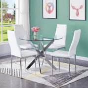 Round Tempered Glass Dining Table Set for 4 with 4 Upholstered Chairs (Sliver Table with White Chairs) US | LEUKHOUSE