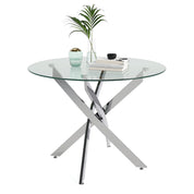 35.5 Inch Round Tempered Glass Dining Table for 2-4 with Chromed Legs (Silver/White) US | LEUKHOUSE