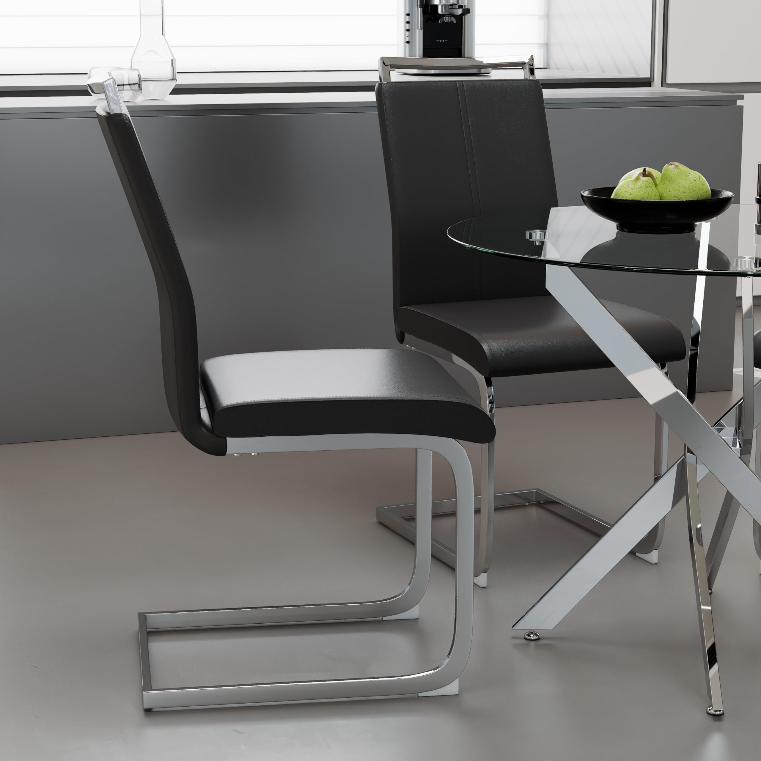 Round Tempered Glass Dining Table Set for 4 with 4 Upholstered Chairs (Sliver Table with Black Chairs) US | LEUKHOUSE