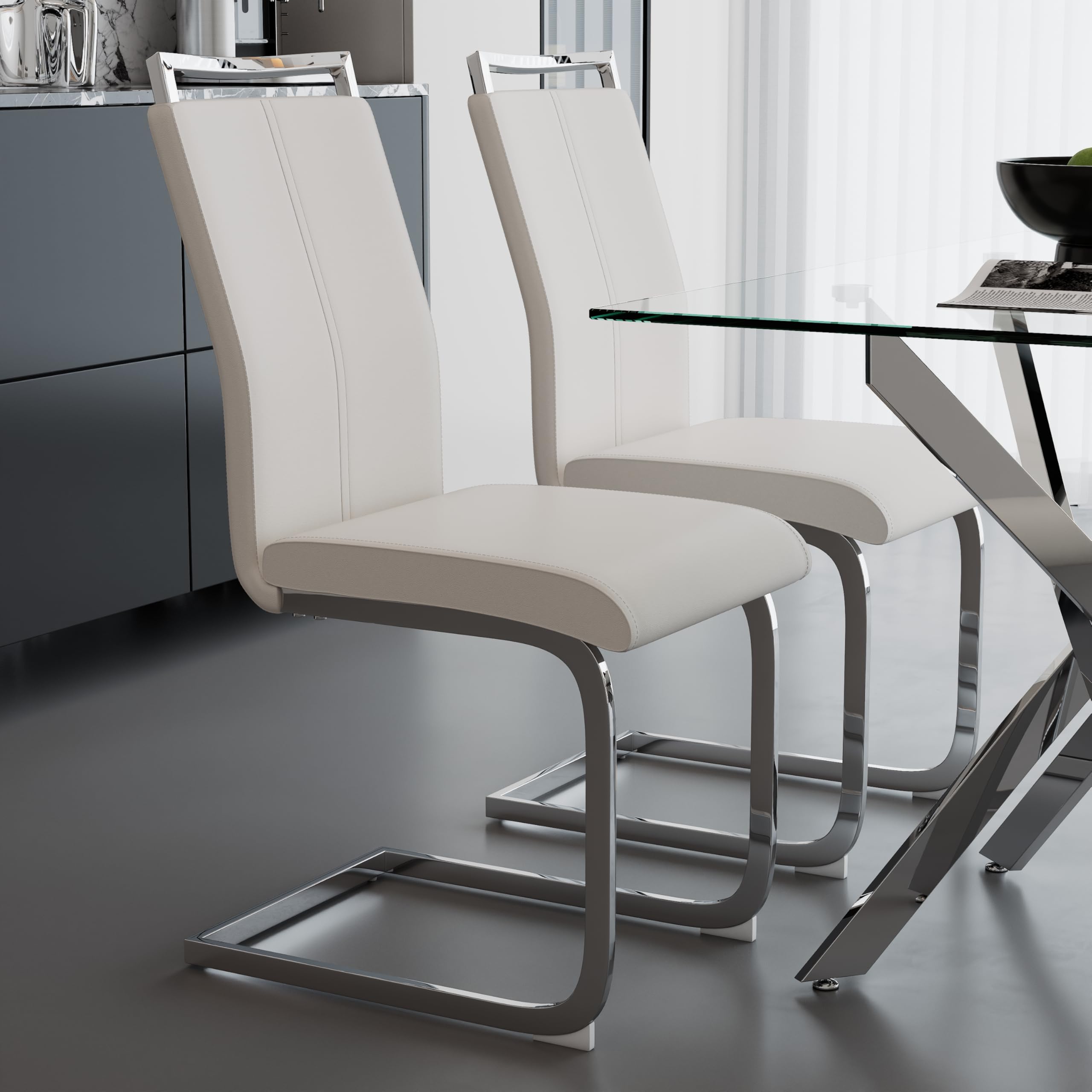 5 Piece Dining Table Table Set, Modern Tempered Glass Dining Table Set for 4 Kitchen Table Set with 4 Upholstered Chairs (Sliver Table with White Chairs) US | LEUKHOUSE