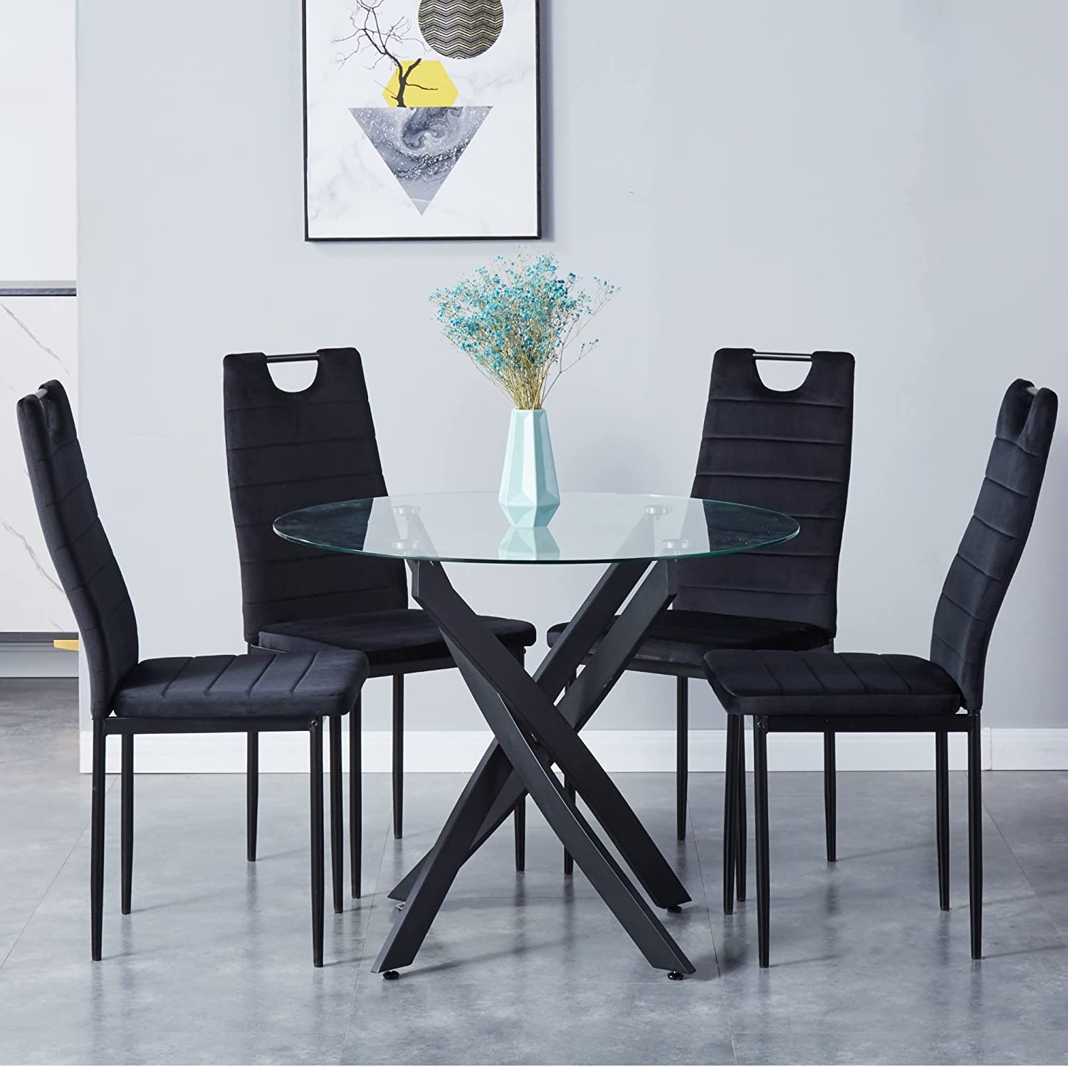 35.5 Inch Round Tempered Glass Dining Table for 2-4 with Chromed Legs (Black) US | LEUKHOUSE