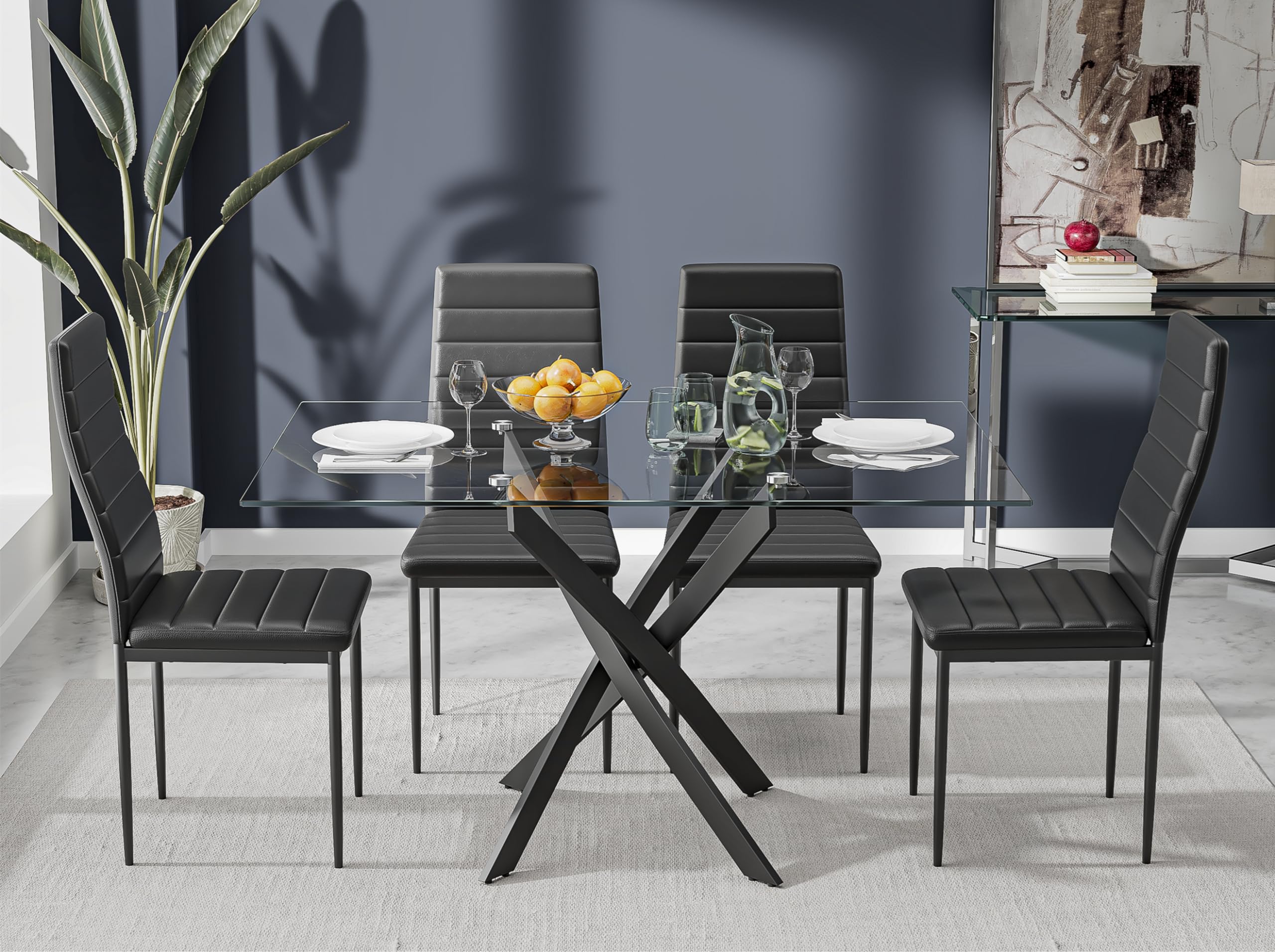 5 Piece Dining Table Table Set, Modern Tempered Glass Dining Table Set for 4 Kitchen Table Set with 4 Upholstered Chairs (Black Table with Black Chairs) US | LEUKHOUSE