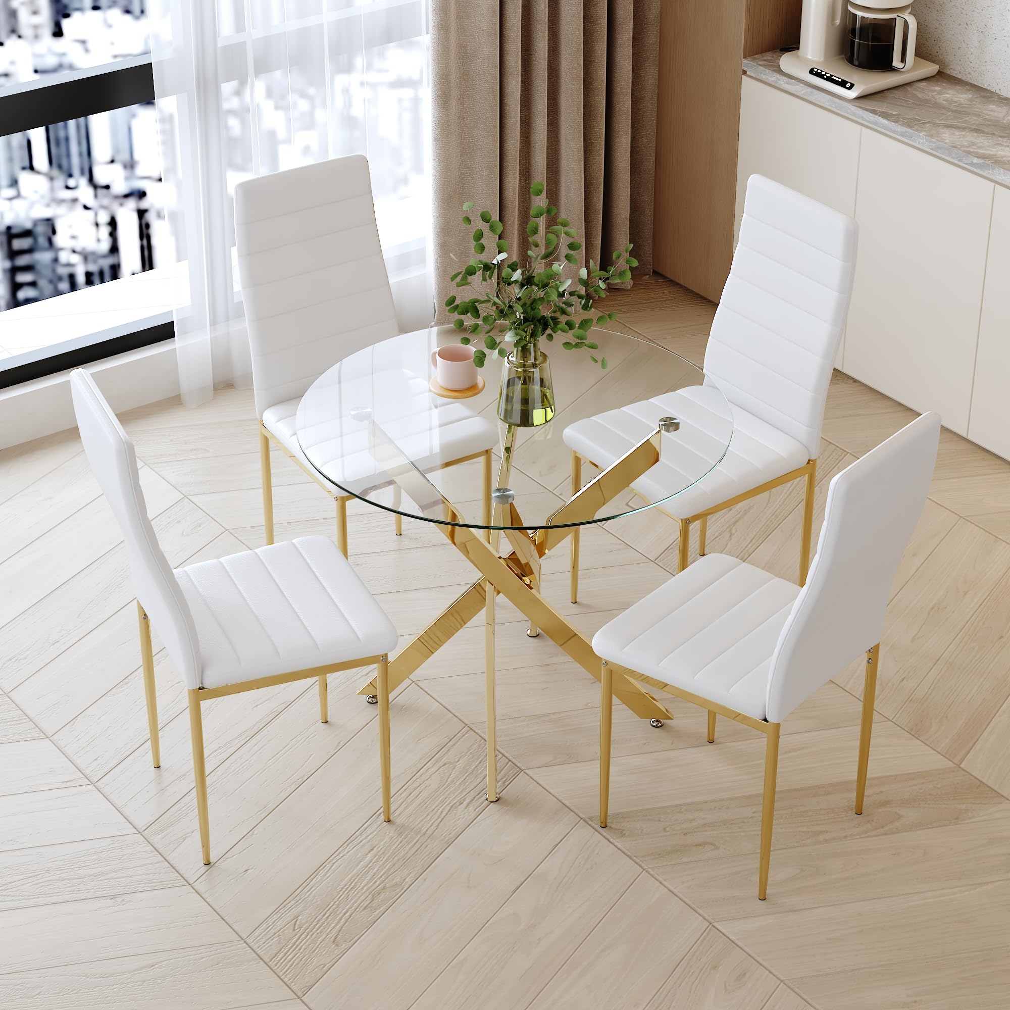 35.5 Inch Round Tempered Glass Dining Table for 2-4 with Chromed Legs (Gold) US | LEUKHOUSE