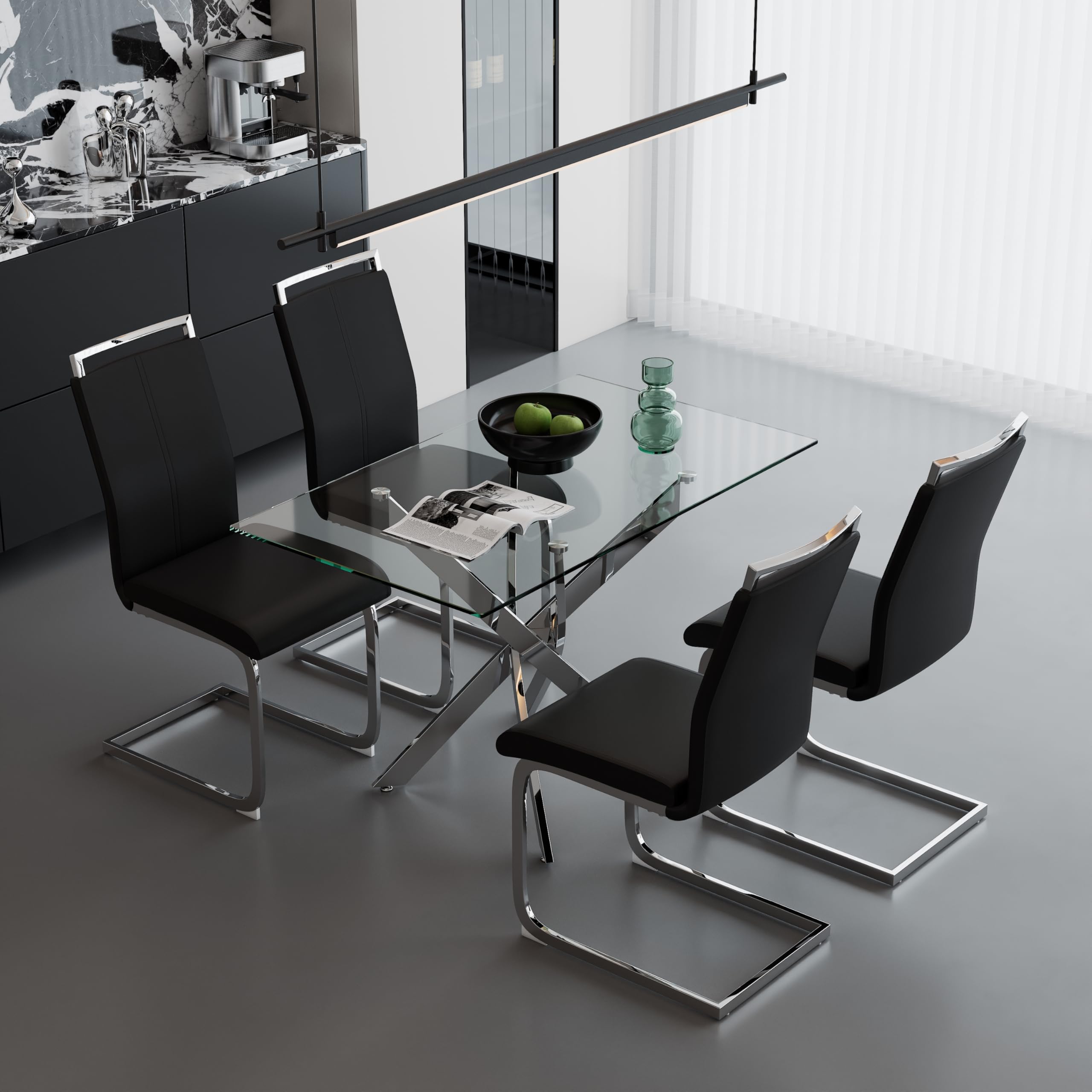 5 Piece Dining Table Table Set, Modern Tempered Glass Dining Table Set for 4 Kitchen Table Set with 4 Upholstered Chairs (Sliver Table with Black Chairs) US | LEUKHOUSE