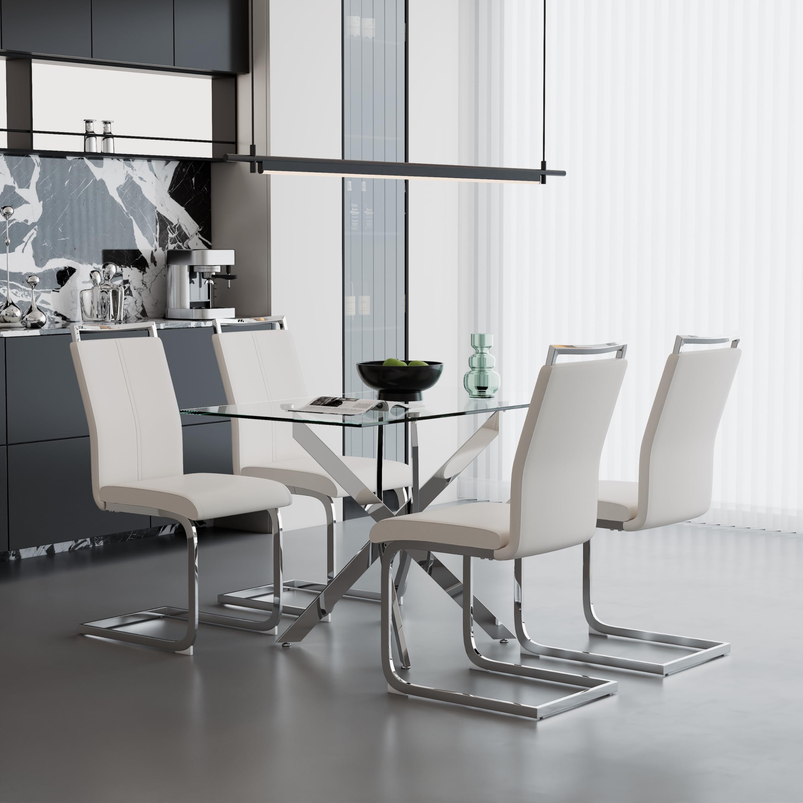 5 Piece Dining Table Table Set, Modern Tempered Glass Dining Table Set for 4 Kitchen Table Set with 4 Upholstered Chairs (Sliver Table with White Chairs) US | LEUKHOUSE