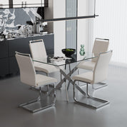 5 Piece Dining Table Table Set, Modern Tempered Glass Dining Table Set for 4 Kitchen Table Set with 4 Upholstered Chairs (Sliver Table with White Chairs) US | LEUKHOUSE