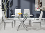 5 Piece Dining Table Table Set, Modern Tempered Glass Dining Table Set for 4 Kitchen Table Set with 4 Upholstered Chairs (Sliver Table with White Chairs) US | LEUKHOUSE