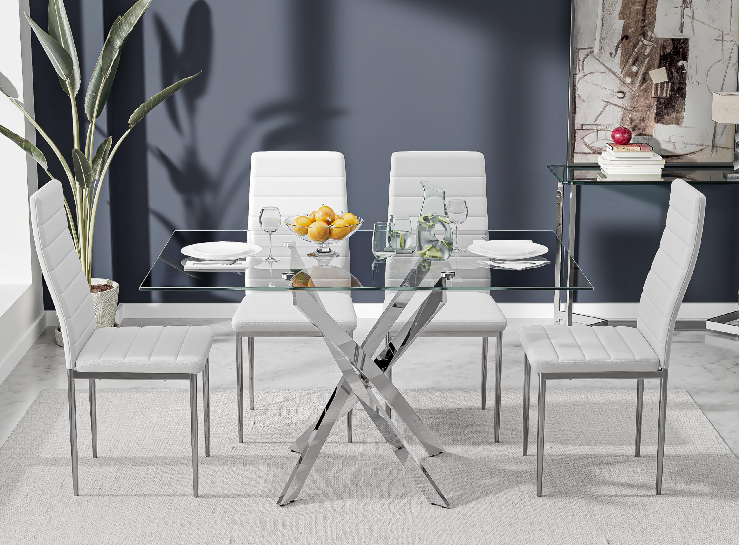 5 Piece Dining Table Table Set, Modern Tempered Glass Dining Table Set for 4 Kitchen Table Set with 4 Upholstered Chairs (Sliver Table with White Chairs) US | LEUKHOUSE