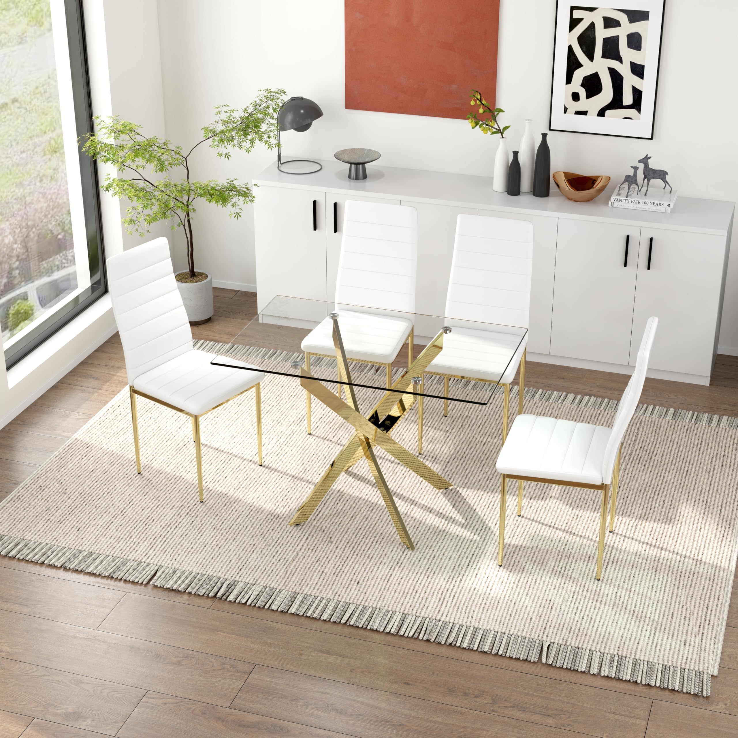 5 Piece Dining Table Table Set, Modern Tempered Glass Dining Table Set for 4 Kitchen Table Set with 4 Upholstered Chairs (Gold Table with Gold Chairs) US | LEUKHOUSE