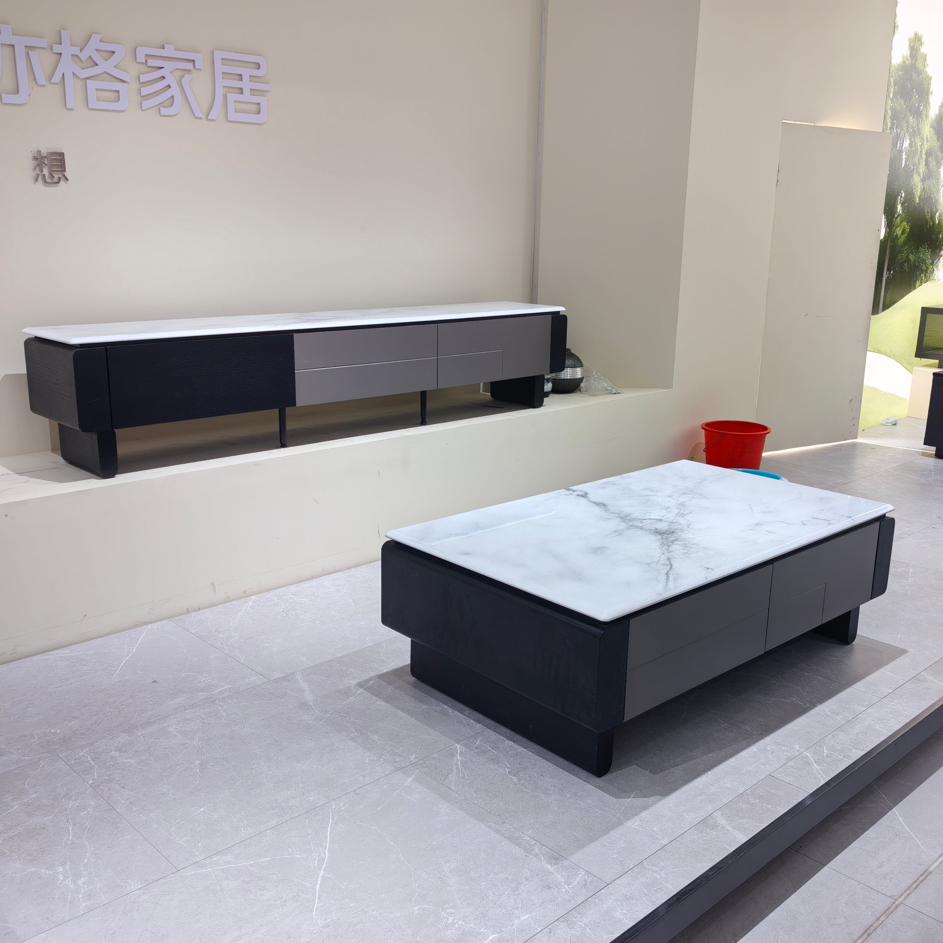 TV Stand Artificial Stone‌ Wood Veneer‌ LKL038TSAYG | LEUKHOME