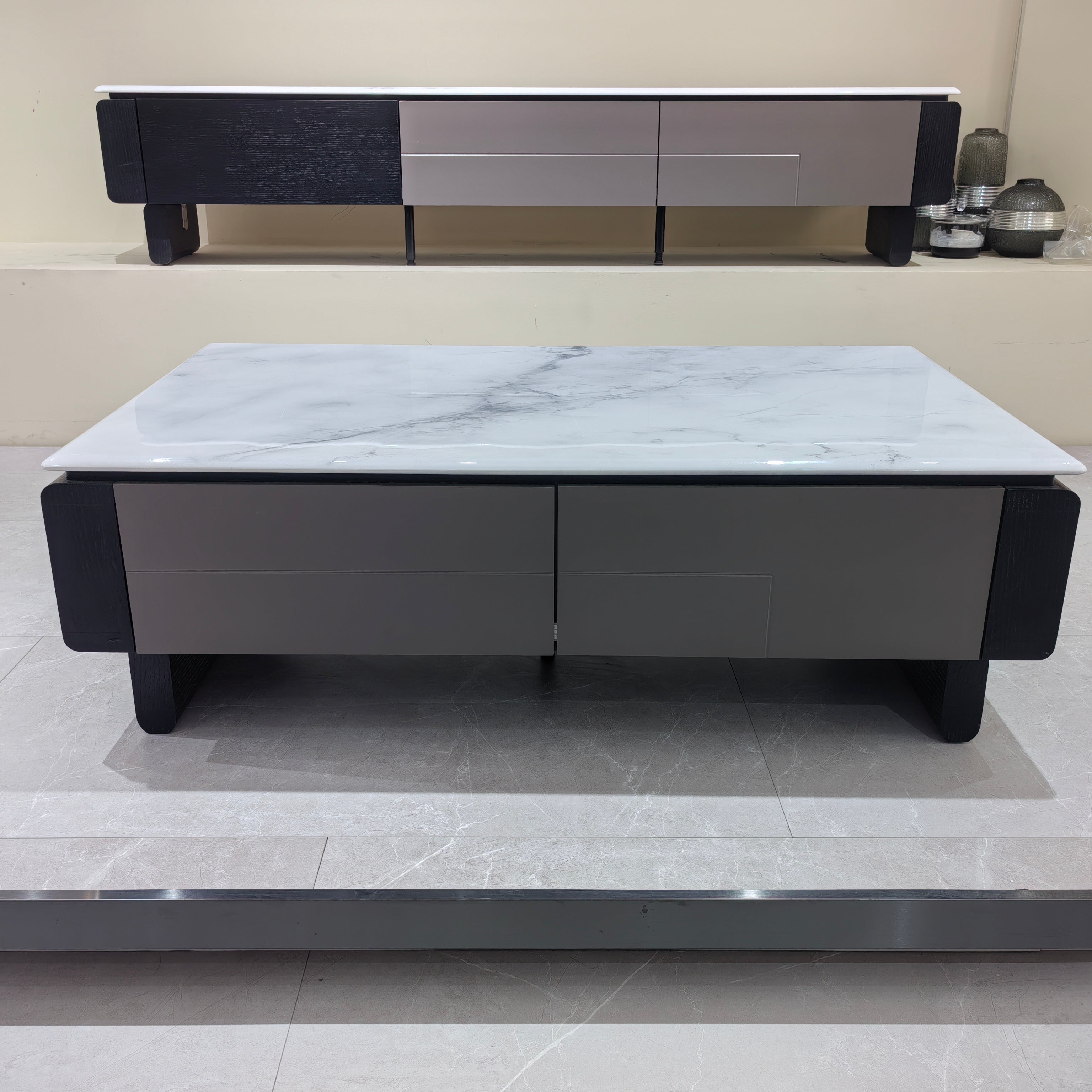 TV Stand Artificial Stone‌ Wood Veneer‌ LKL038TSAYG | LEUKHOME