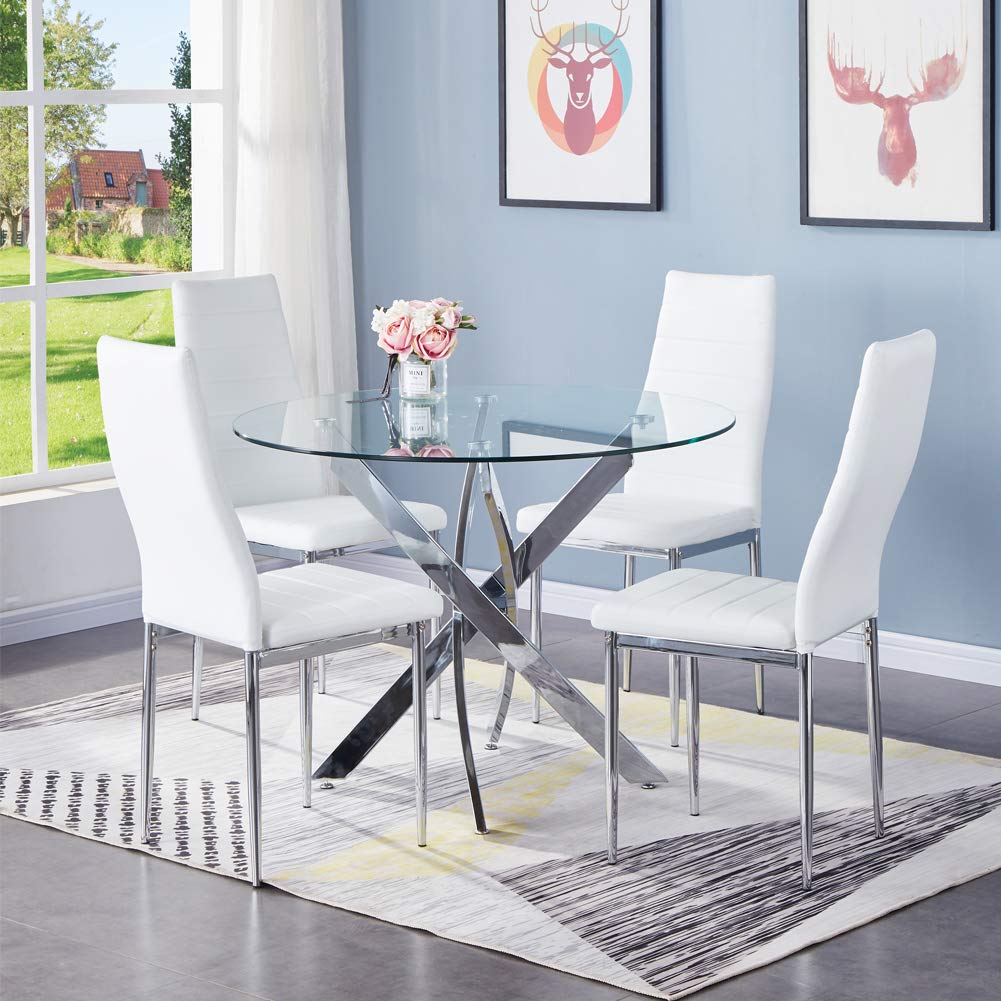 Esstisch Rund Glas Moderner Küchentisch Runder Glastisch Esszimmertische für Esszimmer Wohnzimmer Küche, 90 cm, Silber DE | LEUKHOUSE