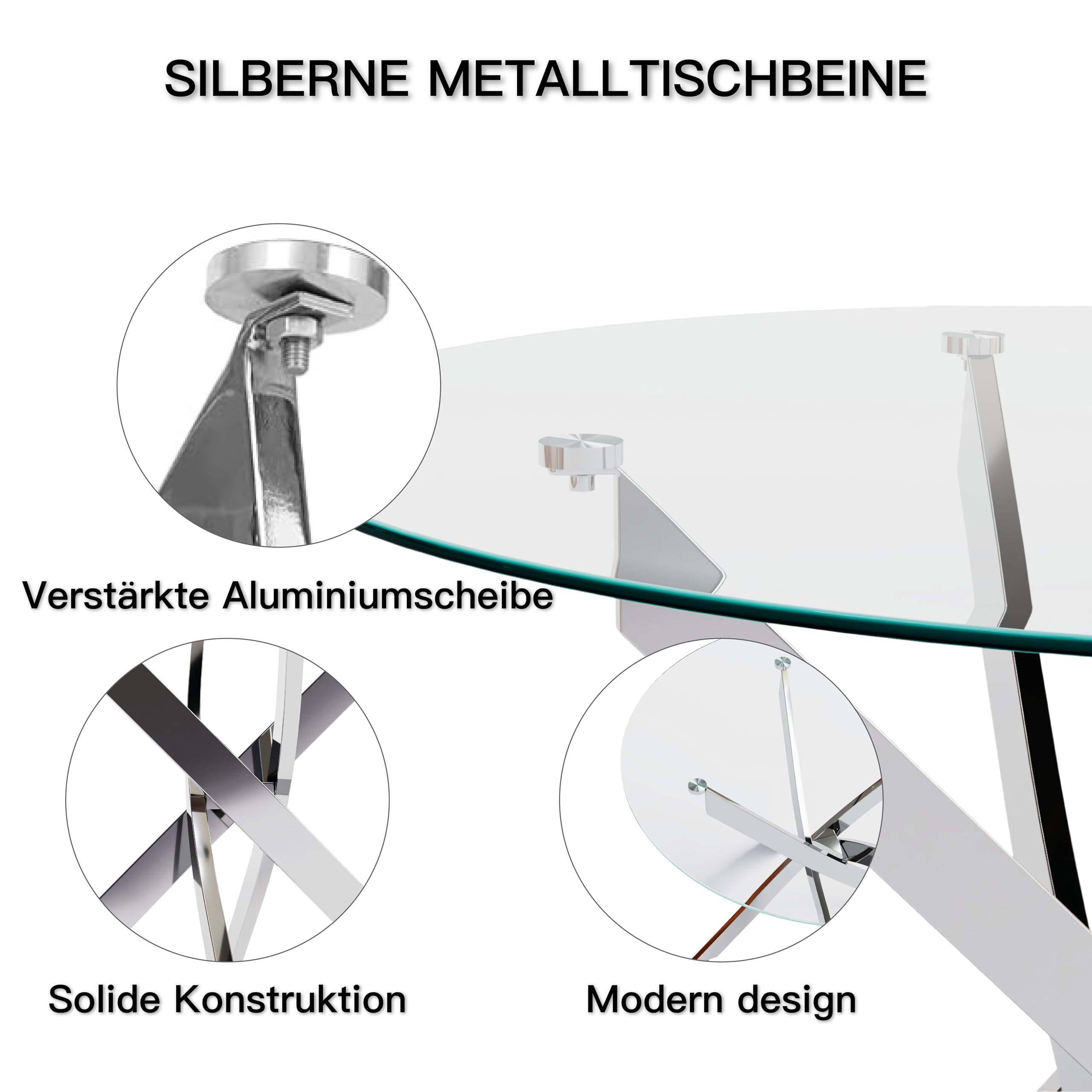 Runder Esstisch Glas Moderner Küchentisch Runder Glastisch Esszimmertische für Esszimmer Wohnzimmer Küche, Silber 80cm DE | LEUKHOUSE